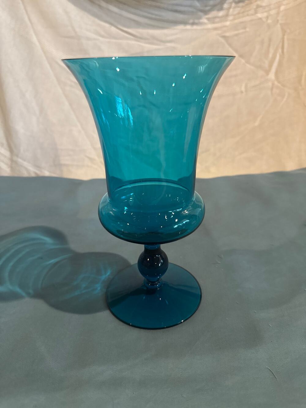 Vtg Morgantown Peacock Blue Glass Footed Urn Vase Mid Century Trumpet Stemmed 8"